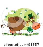 St Patricks Day Cow Under Clovers Wearing A Hat And Chewing On A Shamrock