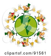 Circle Of Male And Female Leprechauns Running Around A Globe With Beer