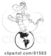 Royalty Free RF Clipart Illustration Of An Outlined Dragon Leprechaun On A Globe Holding A Mace And Pot Of Gold by Hit Toon