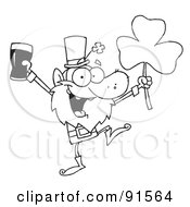 Royalty Free RF Clipart Illustration Of An Outlined Dancing Leprechaun Holding A Clover And Beer by Hit Toon