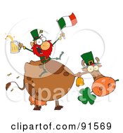Royalty Free RF Clipart Illustration Of A Leprechaun Sitting On A Cow With Beer And A Flag