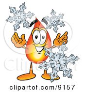 Flame Mascot Cartoon Character With Three Snowflakes In Winter