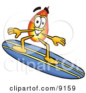 Clipart Picture Of A Flame Mascot Cartoon Character Surfing On A Blue And Yellow Surfboard