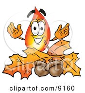 Flame Mascot Cartoon Character With Autumn Leaves And Acorns In The Fall