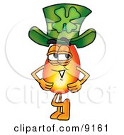 Flame Mascot Cartoon Character Wearing A Saint Patricks Day Hat With A Clover On It