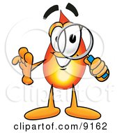 Clipart Picture Of A Flame Mascot Cartoon Character Looking Through A Magnifying Glass