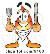 Flame Mascot Cartoon Character Holding A Knife And Fork