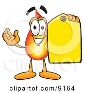 Flame Mascot Cartoon Character Holding A Yellow Sales Price Tag