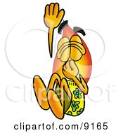 Flame Mascot Cartoon Character Plugging His Nose While Jumping Into Water
