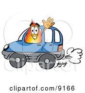 Flame Mascot Cartoon Character Driving A Blue Car And Waving