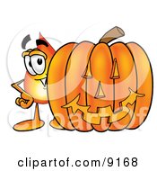 Flame Mascot Cartoon Character With A Carved Halloween Pumpkin