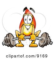 Flame Mascot Cartoon Character Lifting A Heavy Barbell