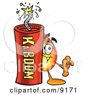 Flame Mascot Cartoon Character Standing With A Lit Stick Of Dynamite