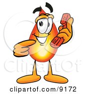 Flame Mascot Cartoon Character Holding A Telephone
