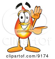 Flame Mascot Cartoon Character Waving And Pointing by Mascot Junction