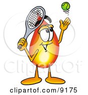 Flame Mascot Cartoon Character Preparing To Hit A Tennis Ball