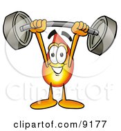 Flame Mascot Cartoon Character Holding A Heavy Barbell Above His Head