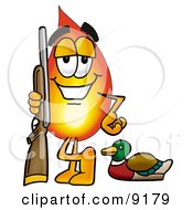 Flame Mascot Cartoon Character Duck Hunting Standing With A Rifle And Duck