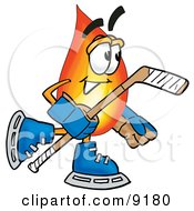 Flame Mascot Cartoon Character Playing Ice Hockey