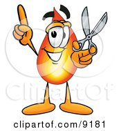 Flame Mascot Cartoon Character Holding A Pair Of Scissors