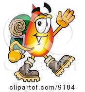 Flame Mascot Cartoon Character Hiking And Carrying A Backpack