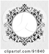 Royalty Free RF Clipart Illustration Of A Blank White Circle Framed With Black Vines Over A Gray Floral Background