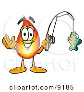 Flame Mascot Cartoon Character Holding A Fish On A Fishing Pole