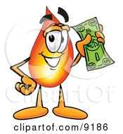 Flame Mascot Cartoon Character Holding A Dollar Bill