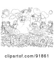 Poster, Art Print Of Black And White Bear And Bunny In A Garden Coloring Page Outline