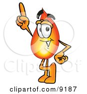 Flame Mascot Cartoon Character Pointing Upwards