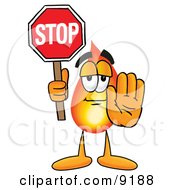Flame Mascot Cartoon Character Holding A Stop Sign