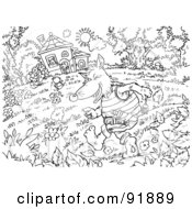 Royalty Free RF Clipart Illustration Of A Black And White Three Little Pigs And The Big Bad Wolf Coloring Page Outline 2 by Alex Bannykh