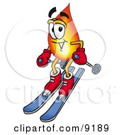 Flame Mascot Cartoon Character Skiing Downhill