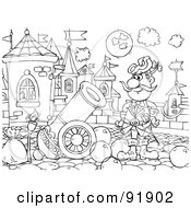 Royalty Free RF Clipart Illustration Of A Black And White Man And Canon Coloring Page Outline by Alex Bannykh