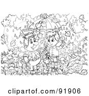 Royalty Free RF Clipart Illustration Of A Black And White Boys In The Rain Coloring Page Outline
