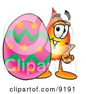 Poster, Art Print Of Flame Mascot Cartoon Character Standing Beside An Easter Egg