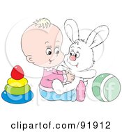 Royalty Free RF Clipart Illustration Of A Baby Girl Playing With A Stuffed Bunny Ball And Rings