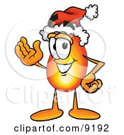 Flame Mascot Cartoon Character Wearing A Santa Hat And Waving