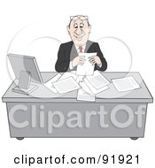 Royalty Free RF Clipart Illustration Of A Happy Businessman Organizing Papers At His Office Desk by Alex Bannykh
