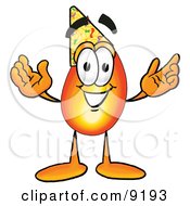 Flame Mascot Cartoon Character Wearing A Birthday Party Hat