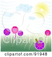 Royalty Free RF Clipart Illustration Of A Spring Time Scene With A Bee On A Flower In A Grassy Field Under The Sun