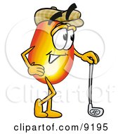 Flame Mascot Cartoon Character Leaning On A Golf Club While Golfing