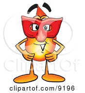 Flame Mascot Cartoon Character Wearing A Red Mask Over His Face
