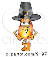 Poster, Art Print Of Flame Mascot Cartoon Character Wearing A Pilgrim Hat On Thanksgiving