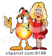Flame Mascot Cartoon Character Talking To A Pretty Blond Woman