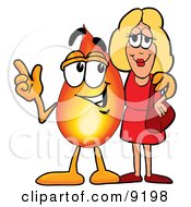 Poster, Art Print Of Flame Mascot Cartoon Character Talking To A Pretty Blond Woman