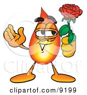Flame Mascot Cartoon Character Holding A Red Rose On Valentines Day
