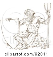 Poster, Art Print Of Brown Sketch Of Neptune With A Shield And Trident On White
