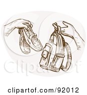 Royalty Free RF Clipart Illustration Of Hands Bartering And Trading Shoes For A Backpack by patrimonio