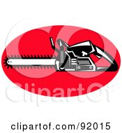 Retro Styled Logo Of A Black And White Chainsaw On A Red Oval